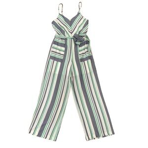 White, Navy, & Green Striped Jumpsuit
